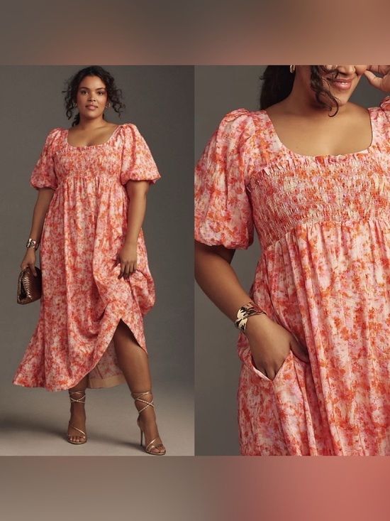 Anthropologie Dresses & Skirts - Anthropologie Women Sz XL Smocked Babydoll Printed Midi Dress Orange Cottagecore
